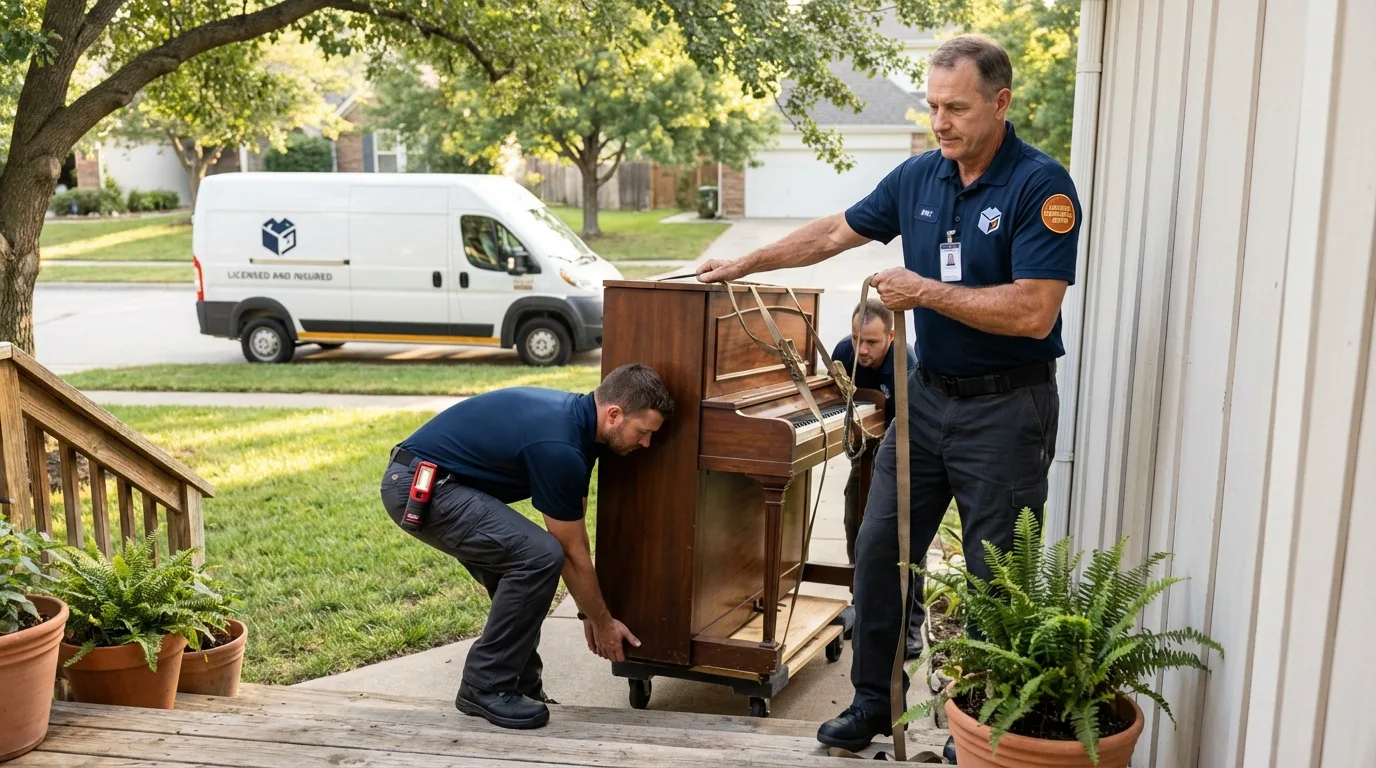 Licensed piano movers securing grand piano in Tchula, MS