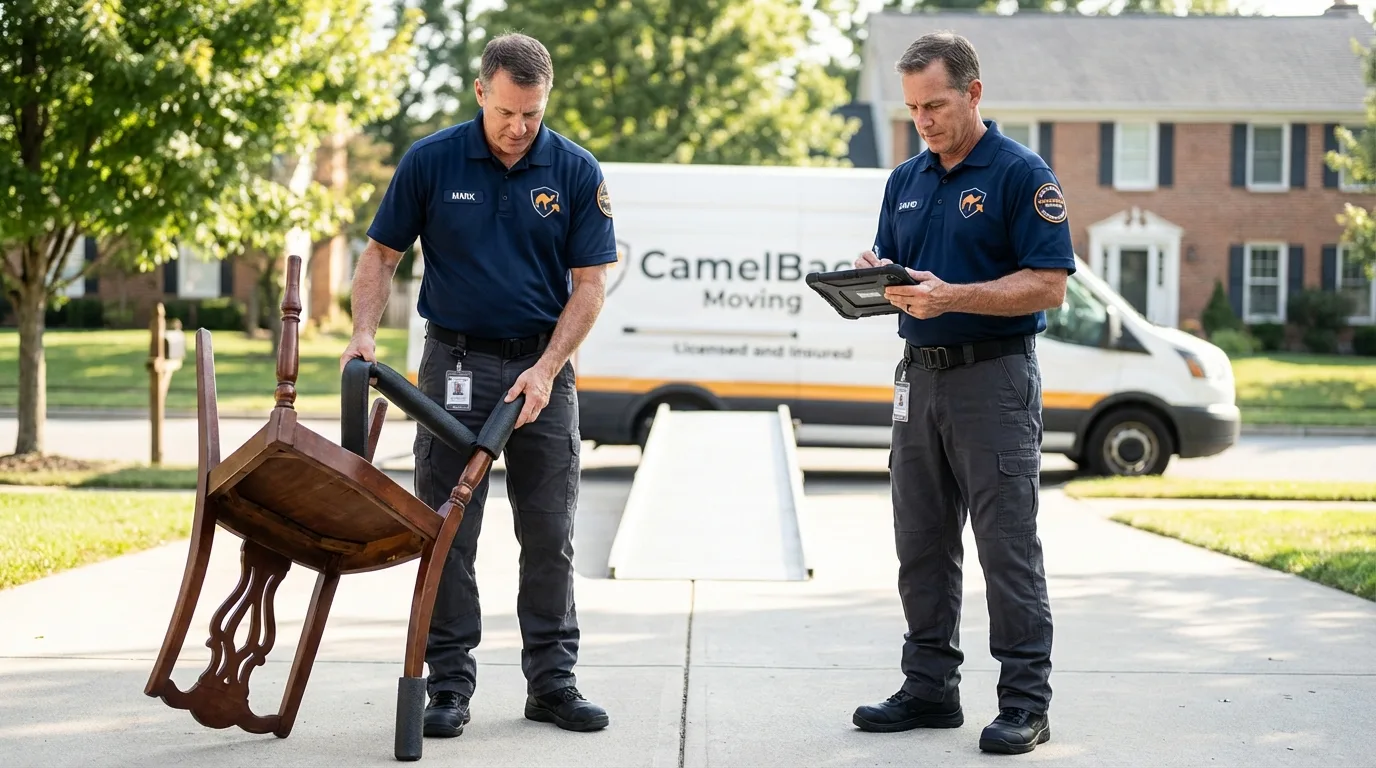 Movers inspecting furniture for damage prevention before loading in Tchula, MS