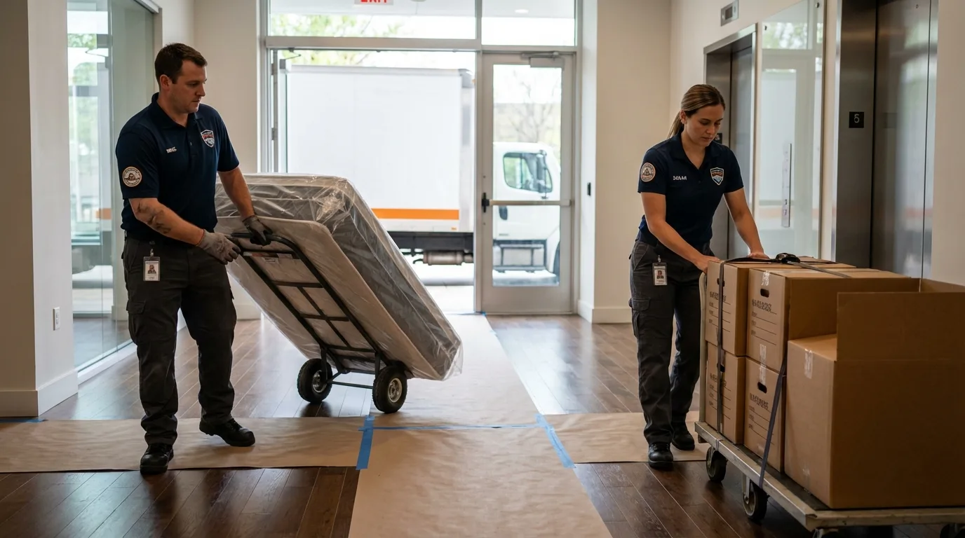 Professional apartment movers loading elevator in Tchula, MS